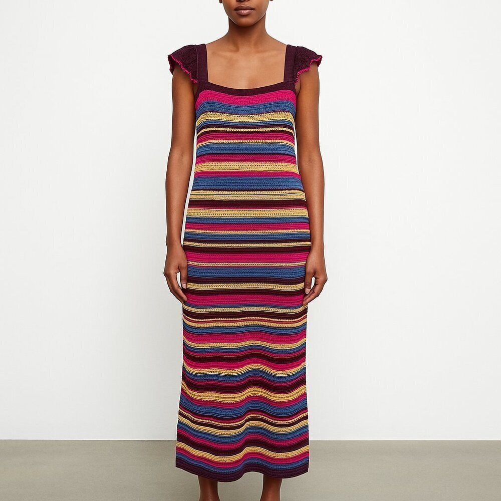 Zara Sz M Multicolor Striped Knit Maxi Dress Ruffle Sleeve Boho Retro Crochet